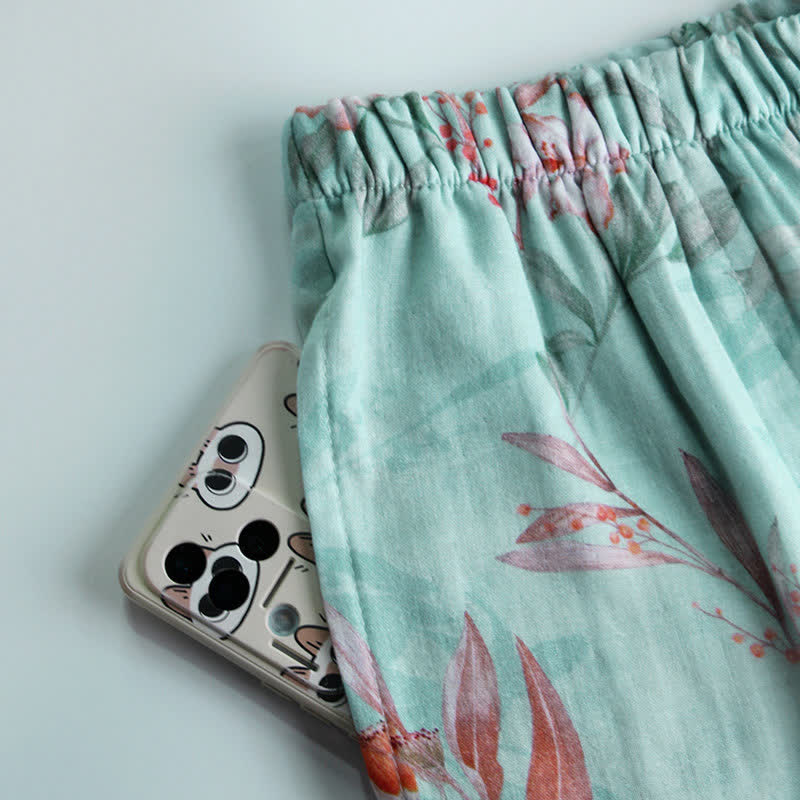 Loungewear in cotone con stampa floreale orientale e collo arricciato - image 3