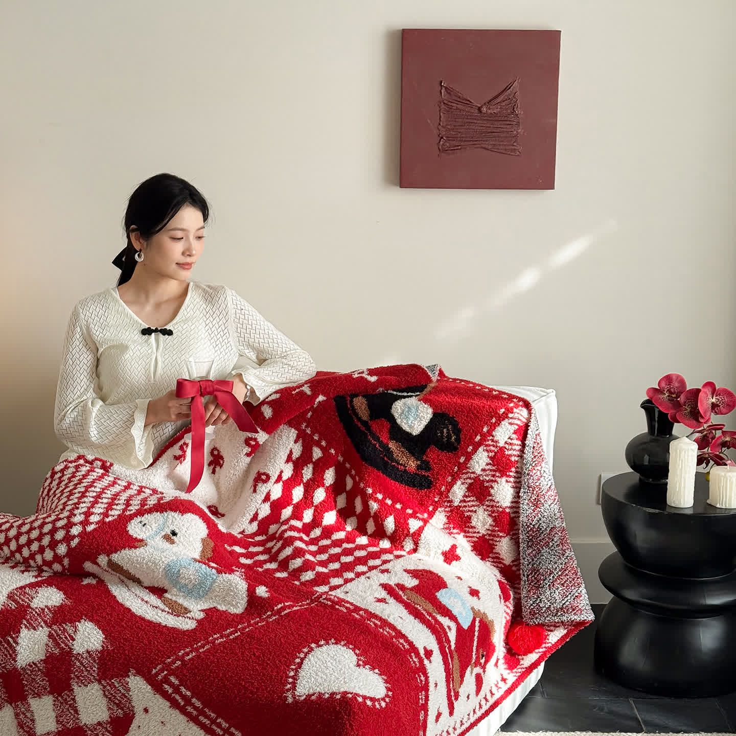 Coperta festiva patchwork rossa e bianca - image 2