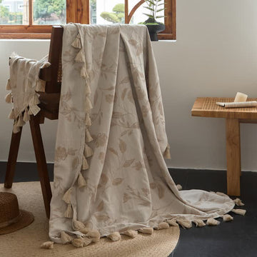 Coperta in cotone e lino jacquard con foglie floreali - 120cm x 170cm - image 0