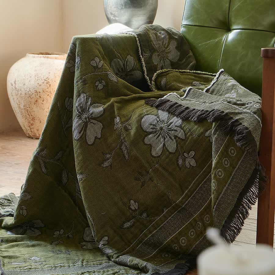 Elegante coperta floreale con nappe in puro cotone - image 1