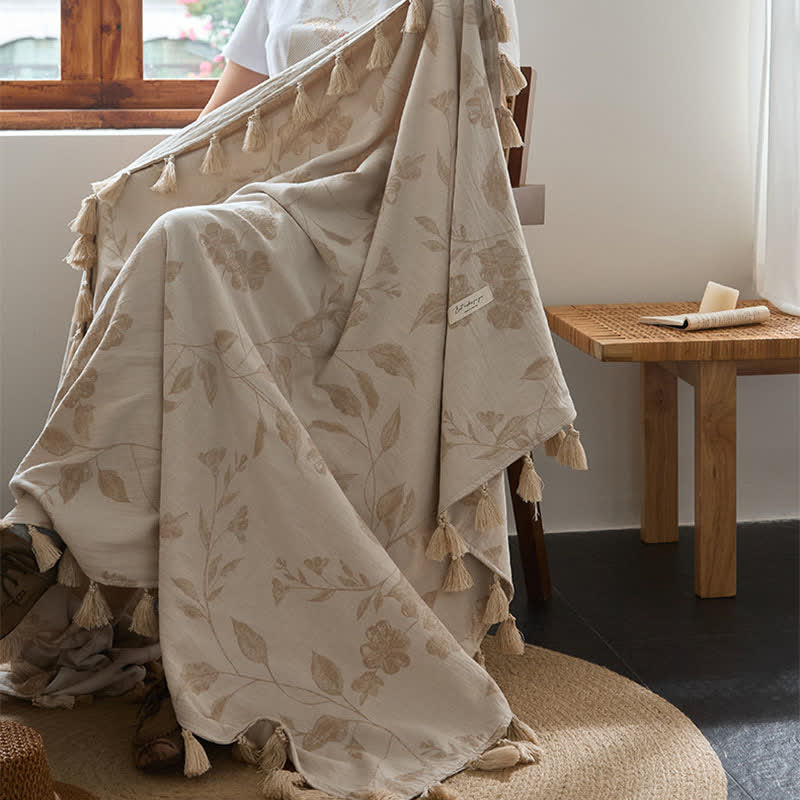 Coperta in cotone e lino jacquard con foglie floreali - image 3