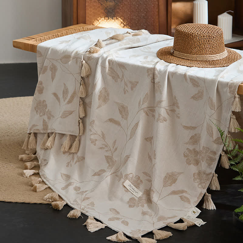 Coperta in cotone e lino jacquard con foglie floreali - image 5