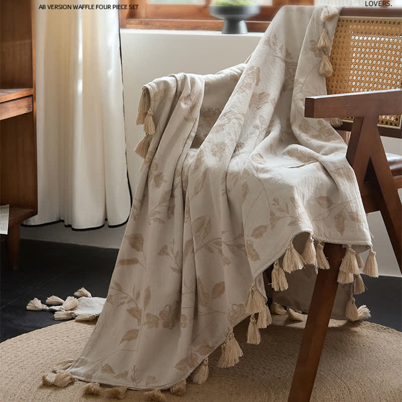 Coperta in cotone e lino jacquard con foglie floreali - image 2
