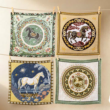 Asciugamano in garza di cotone con motivo a cavallo e zodiaco vintage - Colorato - Set di 4 - 34cm x 34cm - image 0