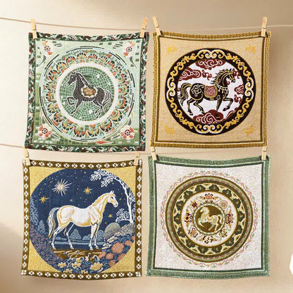 Asciugamano in garza di cotone con motivo a cavallo e zodiaco vintage - Colorato - Set di 4 - 34cm x 34cm - image 0