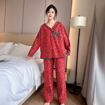 Pigiama in cotone con bottone e rosa a forma di rana taglie forti - Rosso - 4XL - image 0