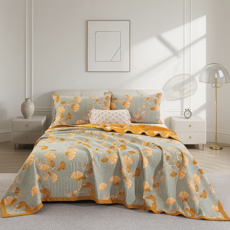 Trapunta reversibile in cotone biologico con foglie di ginkgo - Grigio - Trapunta con 2 federe - Matrimoniale Extra Lungo - image 61