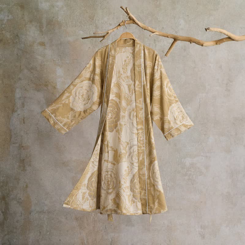 Lussuoso kimono in puro cotone color peonia - Giallo - XL - image 13