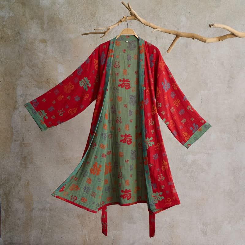 Kimono in garza di cotone con motivo di buon auspicio - Rosso - XL - image 0