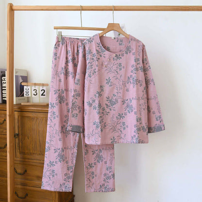 Pigiama in garza di cotone jacquard con motivo a fiori di prugna - Rosa - XL - image 14