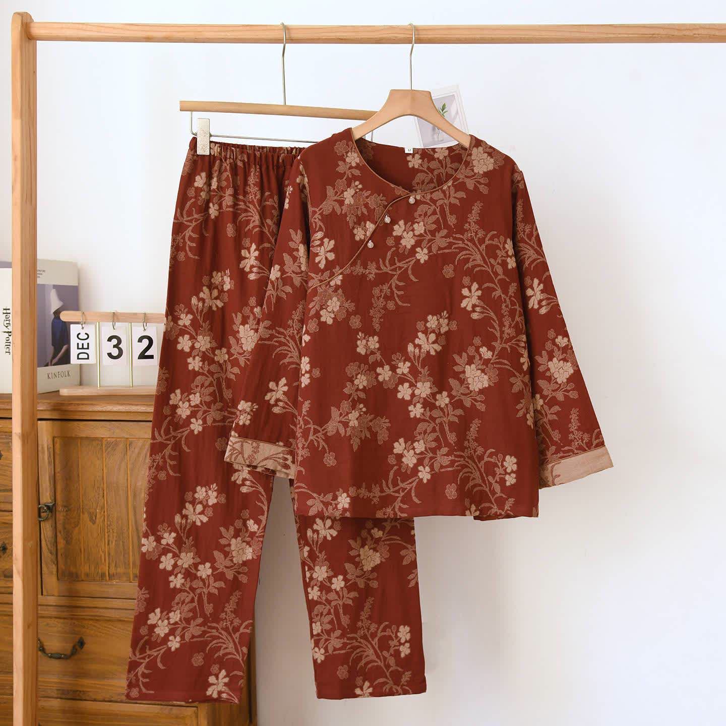 Pigiama in garza di cotone jacquard con motivo a fiori di prugna - Rosso scuro - XL - image 3