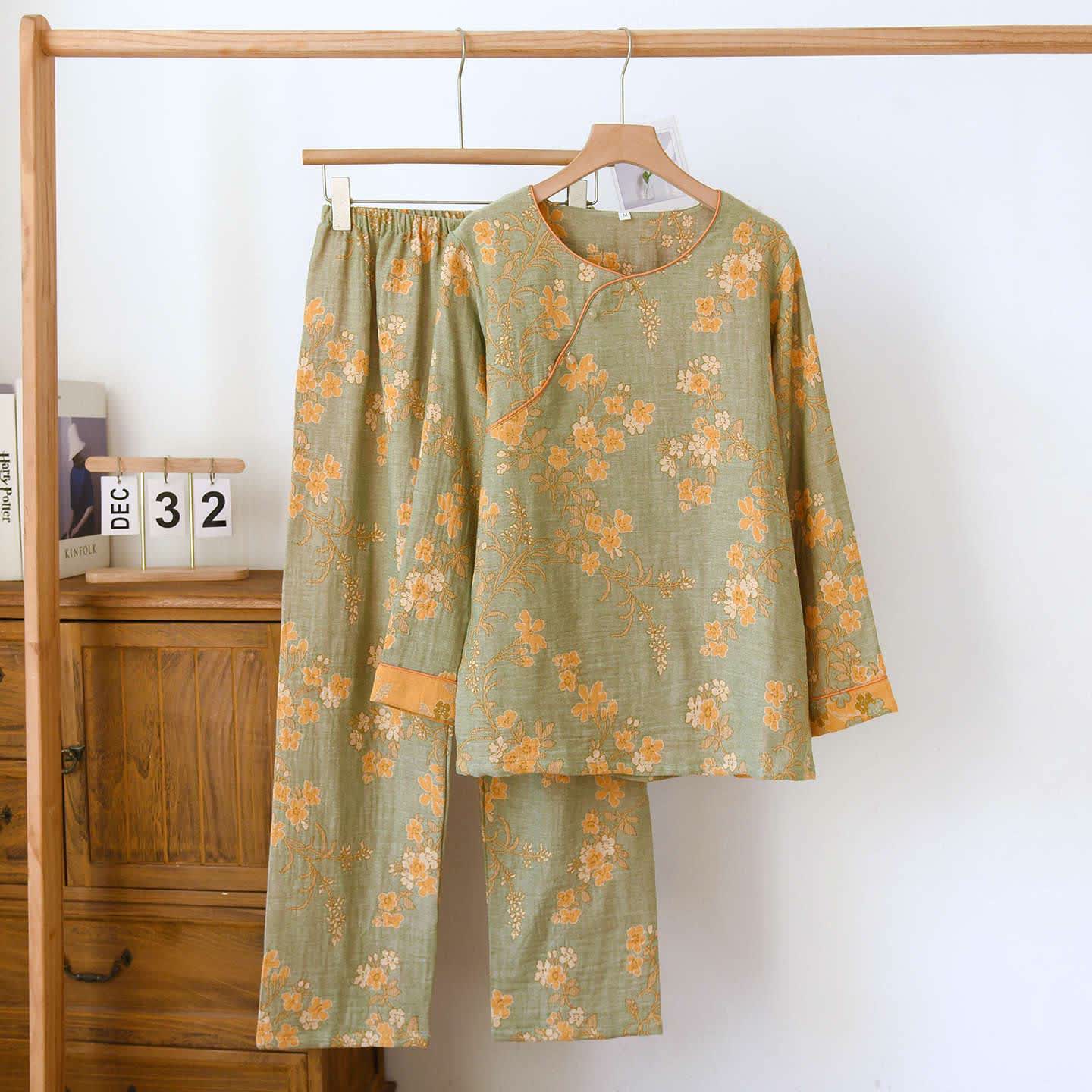 Pigiama in garza di cotone jacquard con motivo a fiori di prugna - Verde - XL - image 13