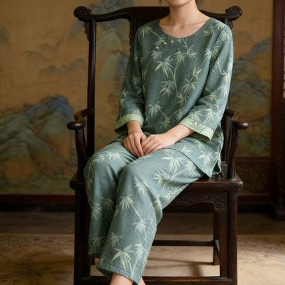 Pigiama in garza di cotone jacquard di bambù verde - image 1