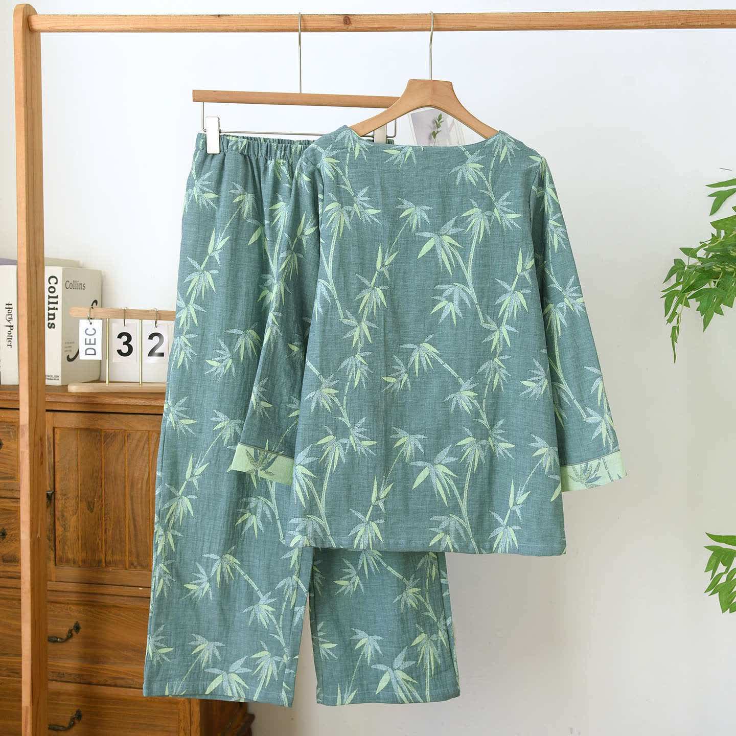 Pigiama in garza di cotone jacquard di bambù verde - image 3