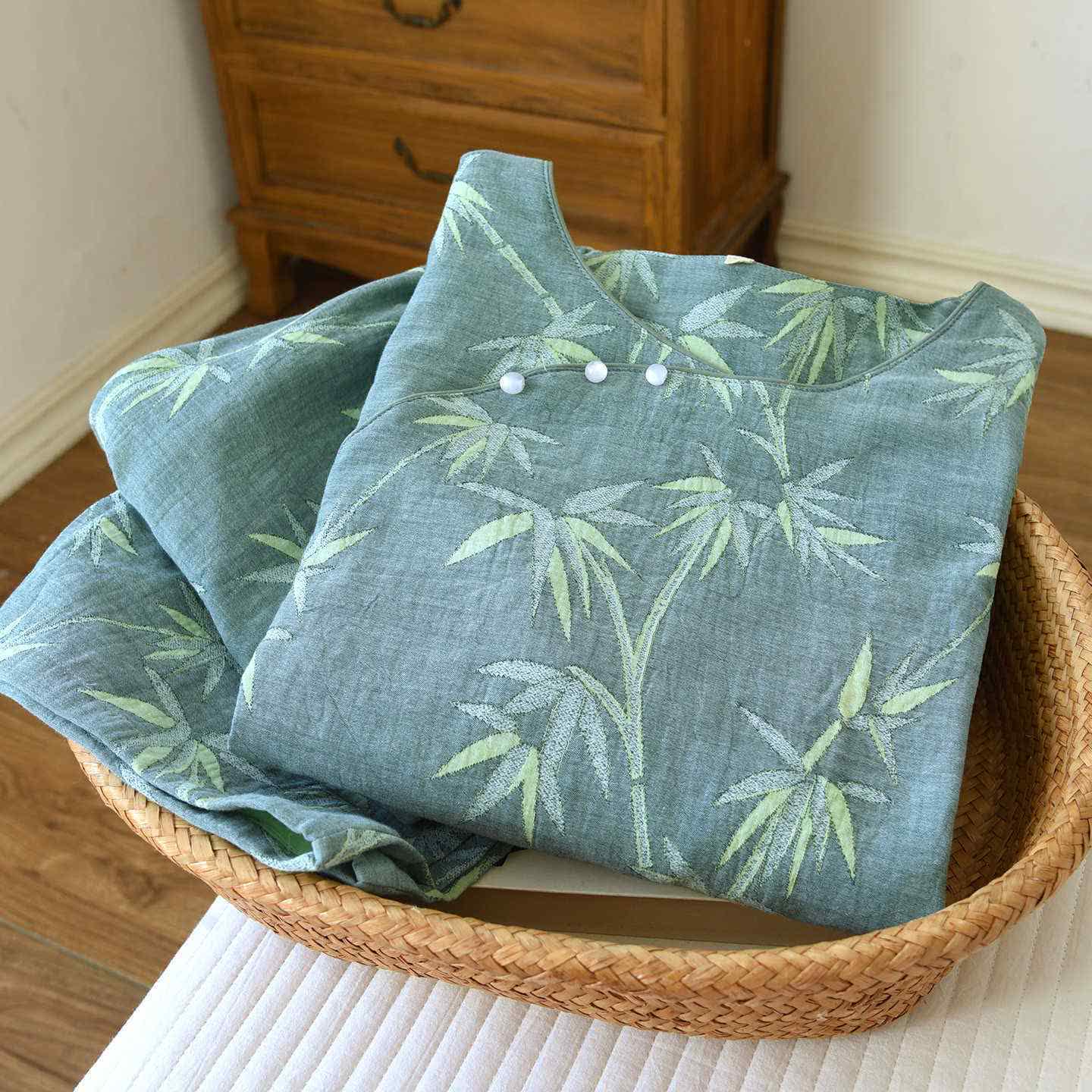 Pigiama in garza di cotone jacquard di bambù verde - image 4