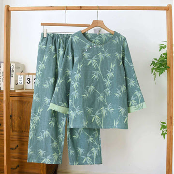 Pigiama in garza di cotone jacquard di bambù verde - Verde - XL - image 0
