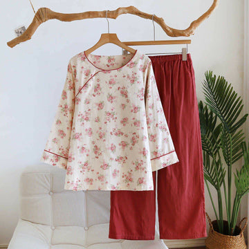 Pigiama in garza di cotone con rosa romantica - Rosso - XL - image 0