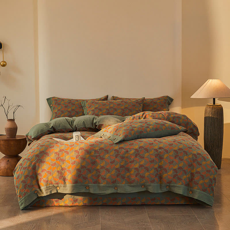 Set di biancheria da letto in cotone a doppia garza con motivo botanico Ginkgo (4 pezzi) - image 1
