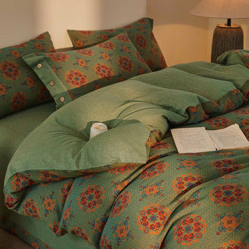 Set di biancheria da letto in cotone a doppia garza con motivi geometrici vintage (4 pezzi) - Verde - Matrimoniale Grande - image 0