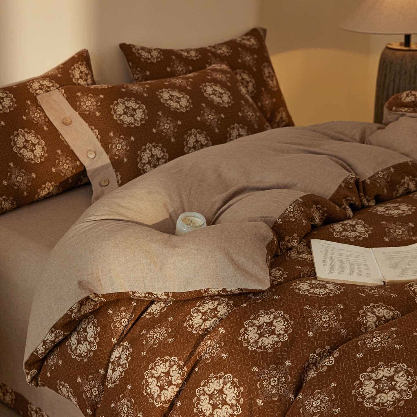 Set di biancheria da letto in cotone a doppia garza con motivi geometrici vintage (4 pezzi) - Caffè - Matrimoniale Grande - image 9