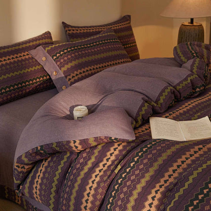 Set di biancheria da letto in cotone a doppia garza con righe ondulate (4 pezzi) - Viola - Matrimoniale Grande - image 8