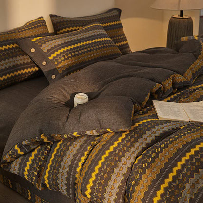 Set di biancheria da letto in cotone a doppia garza con righe ondulate (4 pezzi) - Giallo - Matrimoniale Grande - image 0