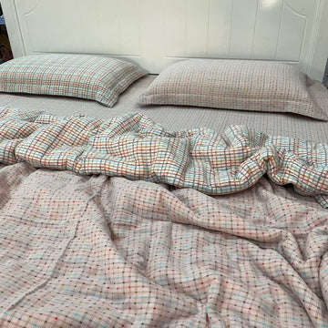 Set di biancheria da letto in garza di cotone a quadri e pois colorati (4 pezzi) - Matrimoniale Grande - image 0