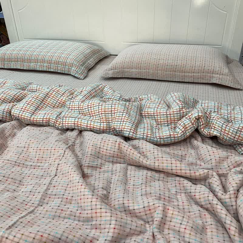 Set di biancheria da letto in garza di cotone a quadri e pois colorati (4 pezzi) - Matrimoniale Grande - image 0
