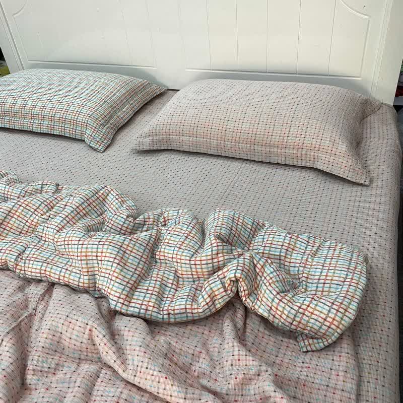 Set di biancheria da letto in garza di cotone a quadri e pois colorati (4 pezzi) - image 1