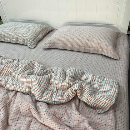 Set di biancheria da letto in garza di cotone a quadri e pois colorati (4 pezzi) - image 1