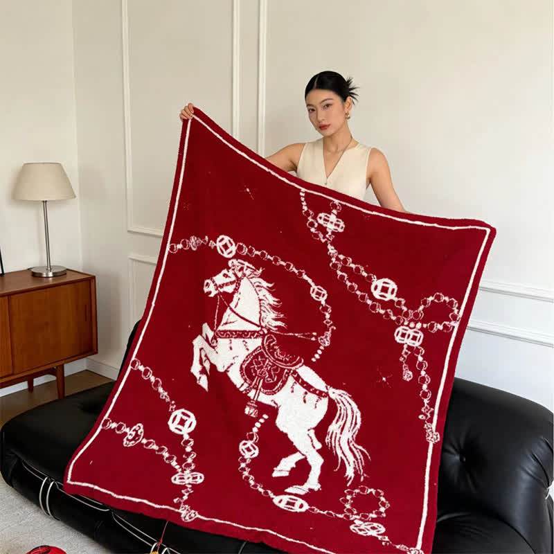 Coperta artistica lavorata a maglia con cavallo al galoppo - 51"L x 67"L - image 0