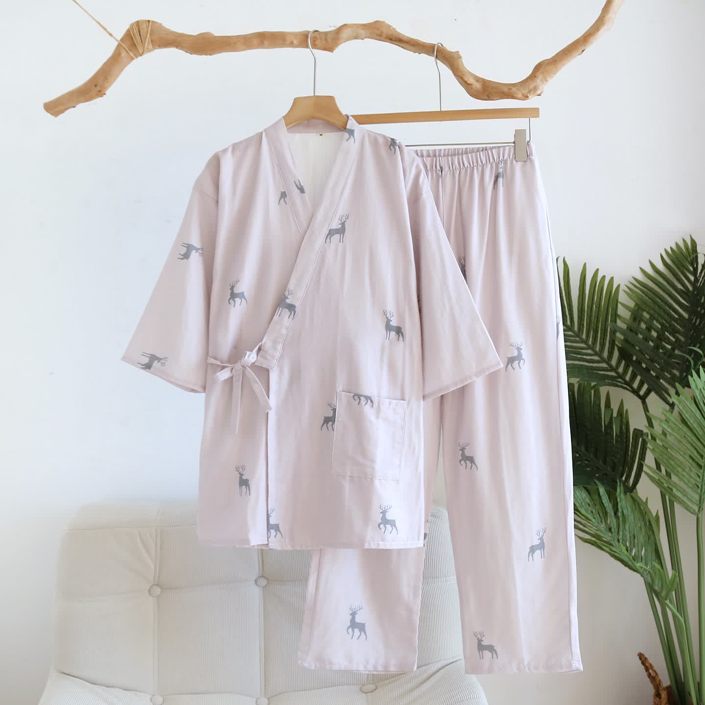 Completo da notte in kimono di cotone e garza di cervo - Donne: Rosa - XL - image 1