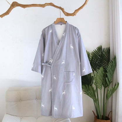 Accappatoio Kimono in Garza di Cotone con Motivo a Cervo per Coppia - Blu - L - image 11
