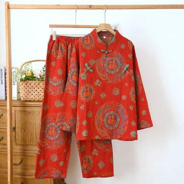 Pigiama in cotone con colletto alla coreana di buon auspicio - Rosso - 2XL - image 0