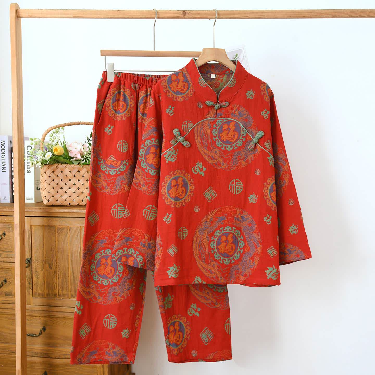 Pigiama in cotone con colletto alla coreana di buon auspicio - Rosso - 2XL - image 0