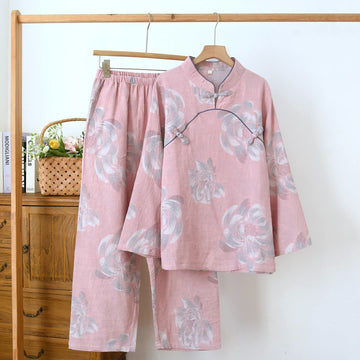 Pigiama in cotone con colletto alla coreana e motivo Peony - Rosa - 2XL - image 0