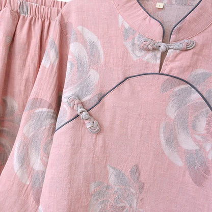 Pigiama in cotone con colletto alla coreana e motivo Peony - image 3