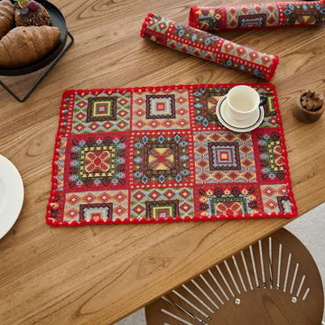 Tovaglietta in tessuto jacquard con motivo geometrico vintage (3 pezzi) - Rosso - 3 pezzi - 30cm x 45cm - image 0