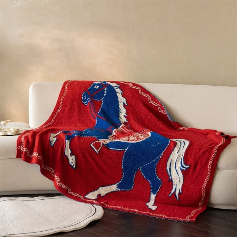 Coperta lavorata a maglia con motivo a cavallo festivo - Blu - 51"L x 67"L - image 9