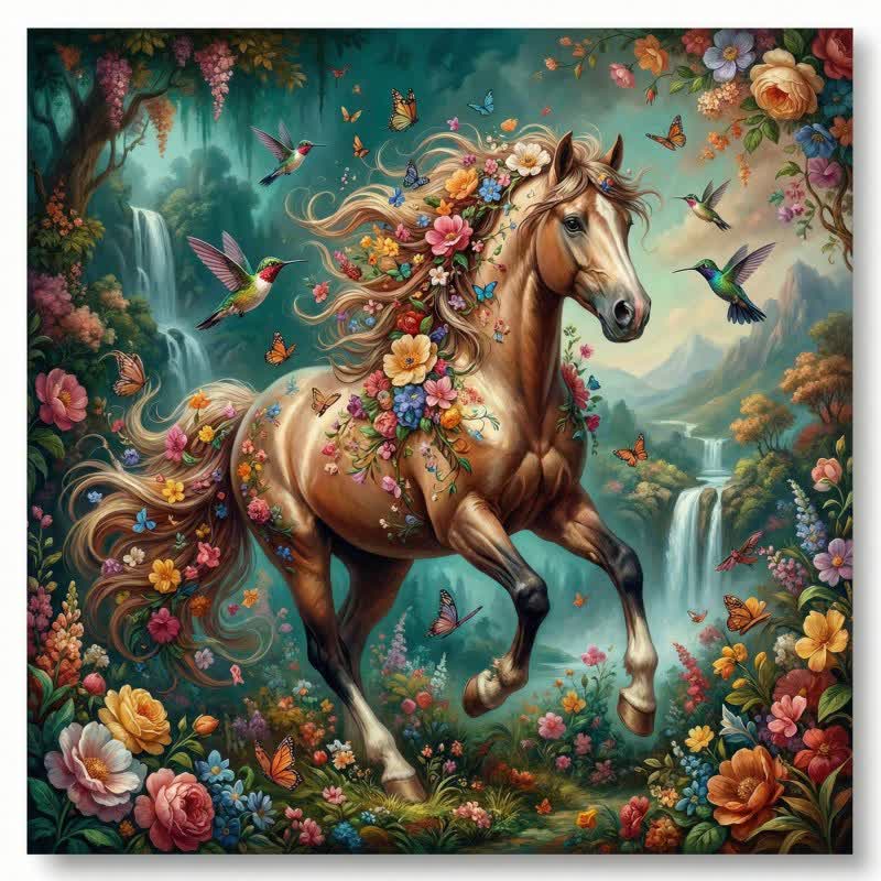 Arte murale decorativa con effetto 3D di cavalli e fiori - image 1