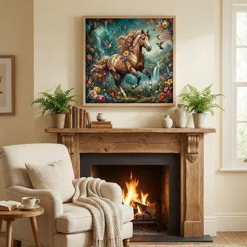 Arte murale decorativa con effetto 3D di cavalli e fiori - Verde - 40cm x 60cm - image 0