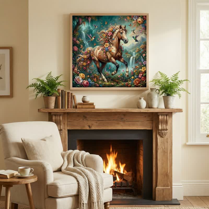 Arte murale decorativa con effetto 3D di cavalli e fiori - Verde - 40cm x 60cm - image 0