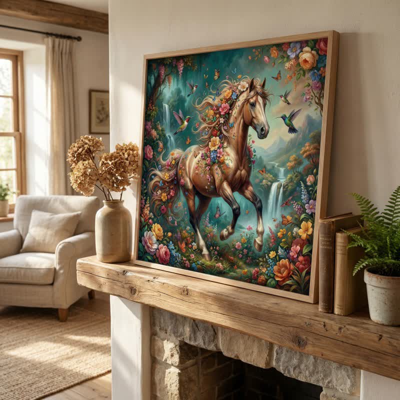 Arte murale decorativa con effetto 3D di cavalli e fiori - image 2