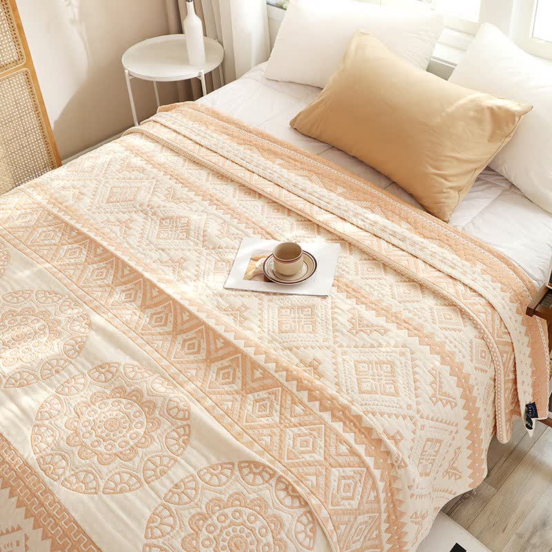 Trapunta in garza di cotone con motivo geometrico beige - Matrimoniale - image 0