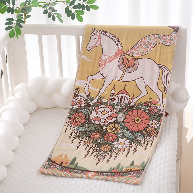 Asciugamano in garza di cotone con motivo floreale a cavallo rustico - Giallo - 35 cm x 75 cm - image 0