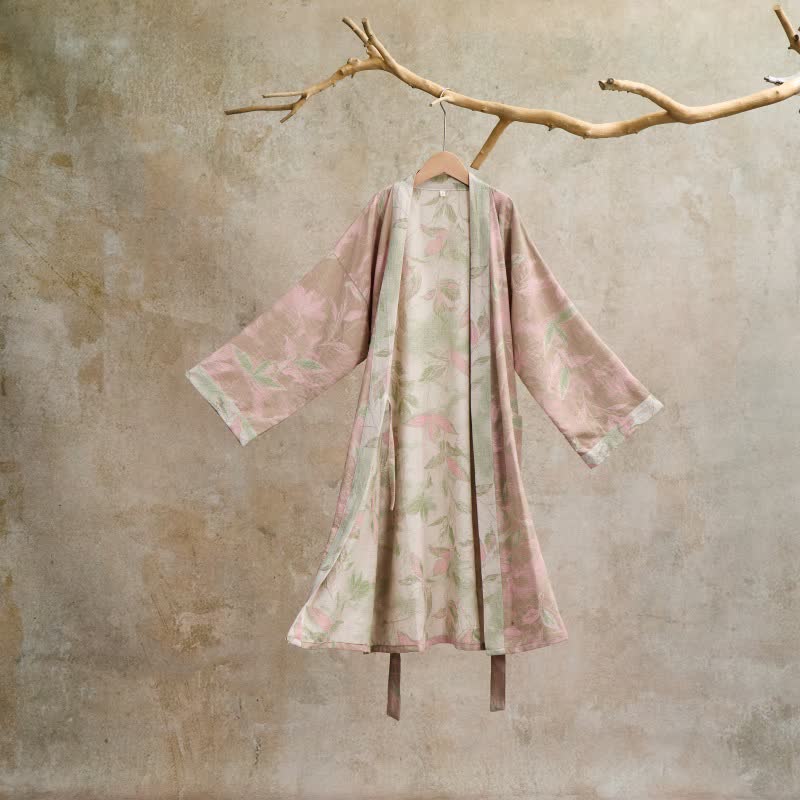 Kimono in garza di cotone con foglie naturali - Rosa chiaro - L - image 19