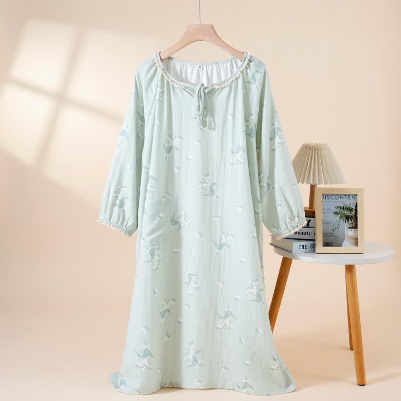 Camicia da notte in garza di cotone con motivo floreale Bellflower - Verde - L - image 2