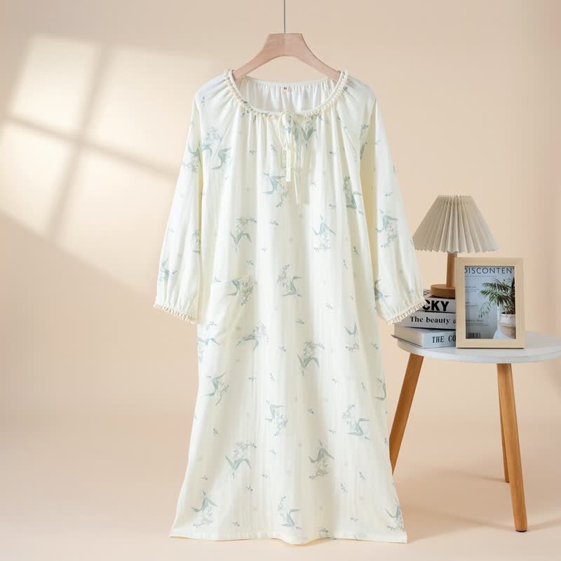 Camicia da notte in garza di cotone con motivo floreale Bellflower - Beige - L - image 3