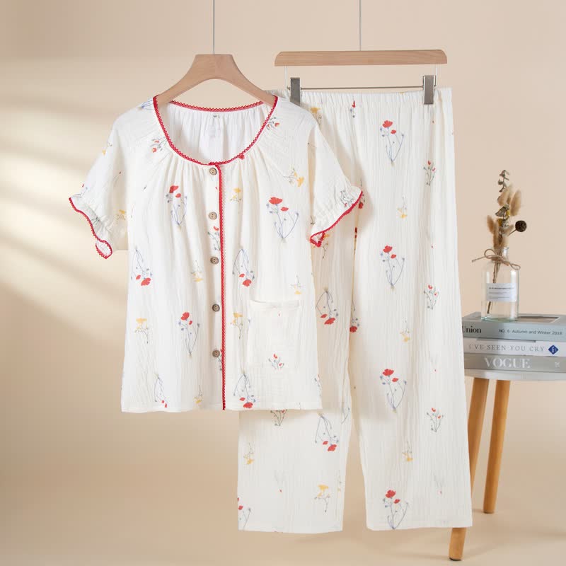 Pigiama in garza di cotone con motivo floreale country - Beige - XL - image 0