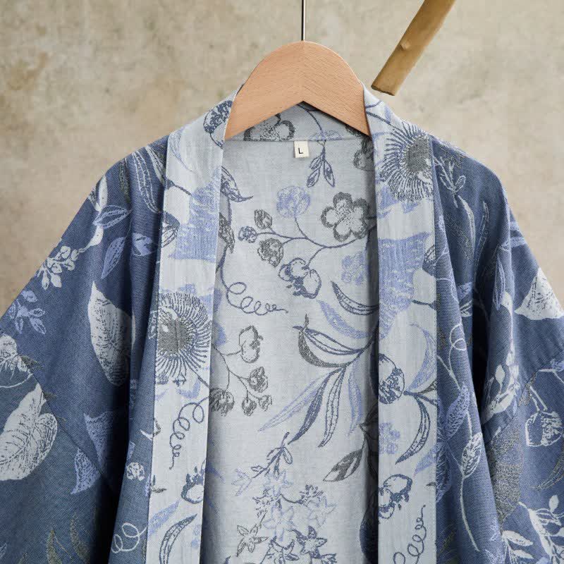 Kimono in garza di cotone con foglie pastorali - image 3